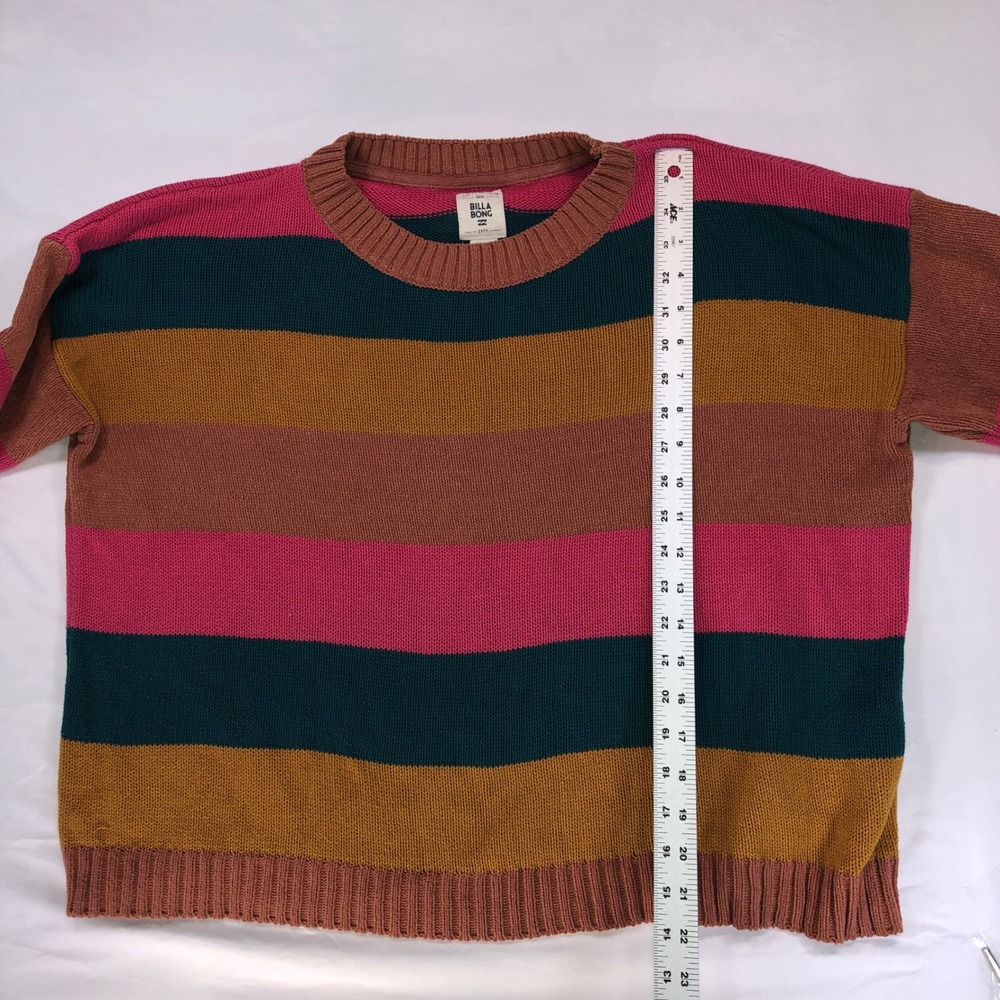 Billabong Womens Multi Color Striped Crewneck Knit Sweater Size M Pink Teal Gold